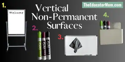This image contains 4 pictures of vertical non-permanent surfaces and accessories. 1. Vertical rolling white board, 2. Expo markers, 3. Magnetic eraser, 4. Magnetic expo marker holder